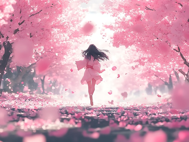 Photo running through cherry blossom garden tranquil anime scene