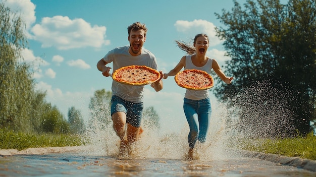 Photo running towards love and pizza the perfect recipe for happiness