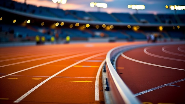 Running track in an empty stadium bathed in stillness and silence