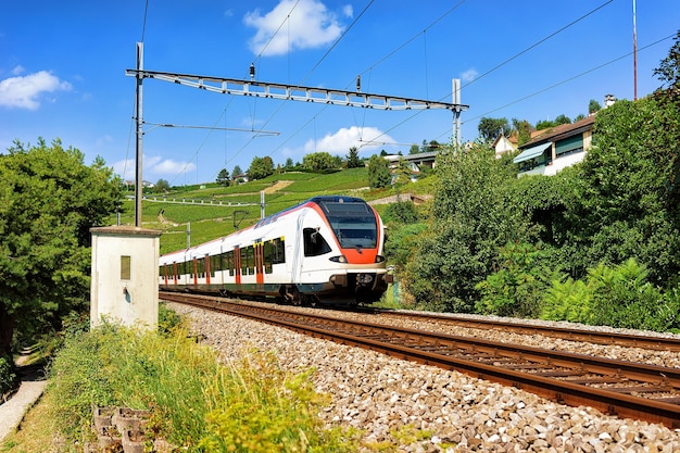 Running train at Lavaux Vineyard Terrace hiking trail, Lavaux-Oron district, Switzerland