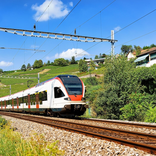 Running train in Lavaux Vineyard Terrace hiking trail, Lavaux-Oron district, Switzerland