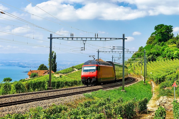 Running train at the railroad near Lavaux Vineyard Terrace hiking trail at Lake Geneva and Swiss mountains, Lavaux-Oron district, Switzerland