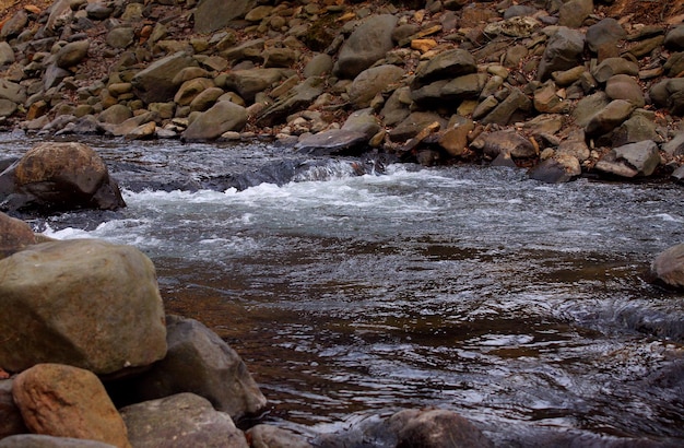 Running water of a mountain creek among rocky stones