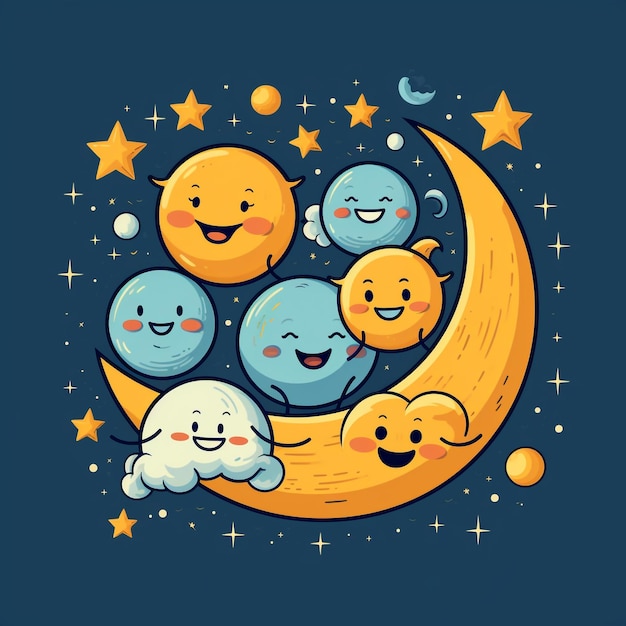 Photo runny moon and stars funny characters