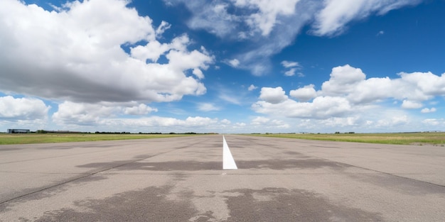 A runway with a blue sky and clouds