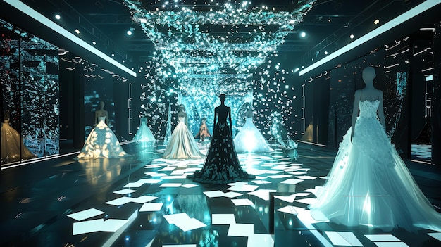 Photo a runway with five mannequins wearing elegant gowns the room is decorated with glowing lights and an ethereal sparkling atmosphere