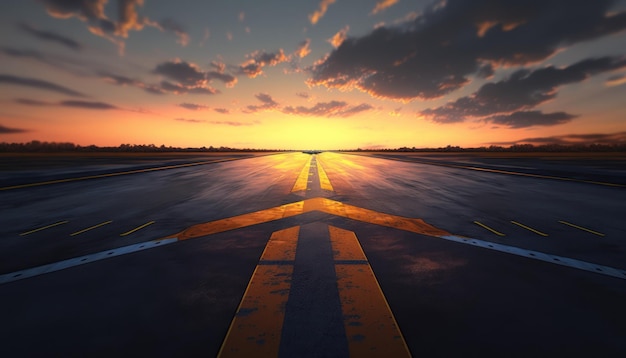 A runway with a sunset in the background