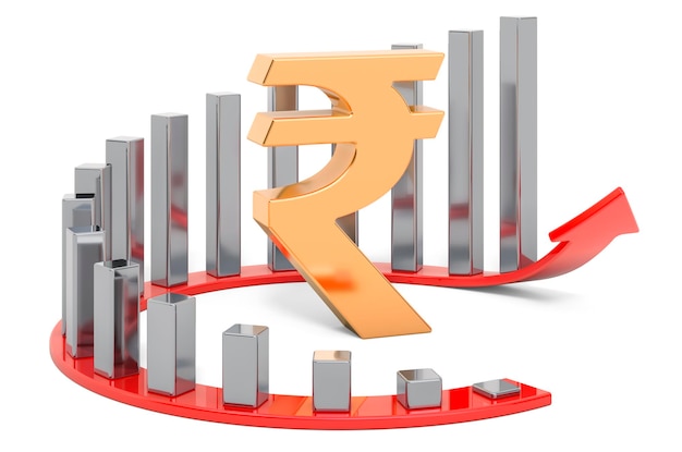 Rupee sign with growing chart 3D rendering