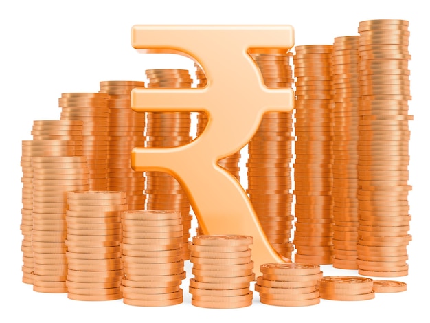 Photo rupee symbol with golden coins around 3d rendering