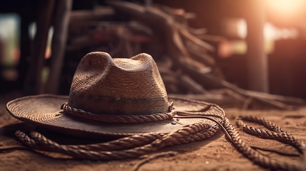 Rural background with close up cowboy hat and rope Rustic outdoor backdrop with blurred horse Generative AI