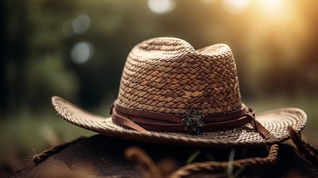 Rural background with close up cowboy hat and rope Rustic outdoor backdrop with blurred horse Generative AI