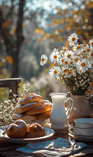 Rural Breakfast Scene with Pastries and Flowers