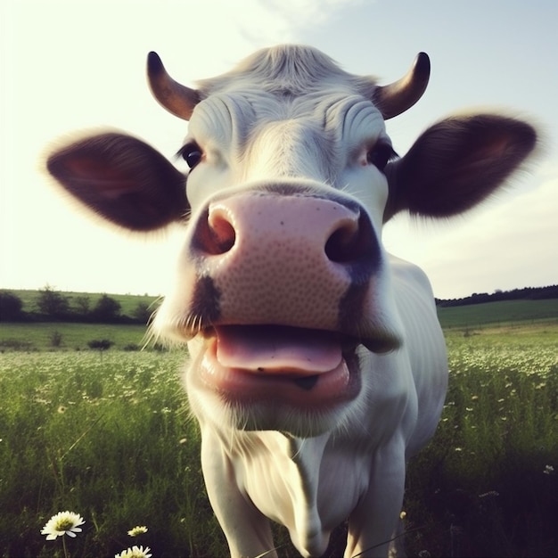 Rural cattle animal pasture head smile field portrait cow closeup Generative AI