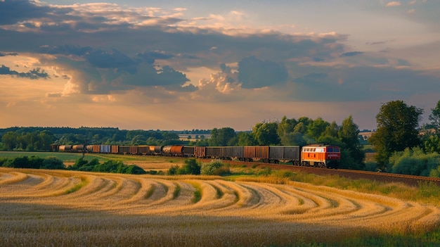 Rural Countryside Train Travel Under Cloudy Sky