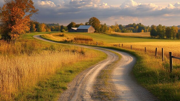 Photo rural countryside with barn and dirt road