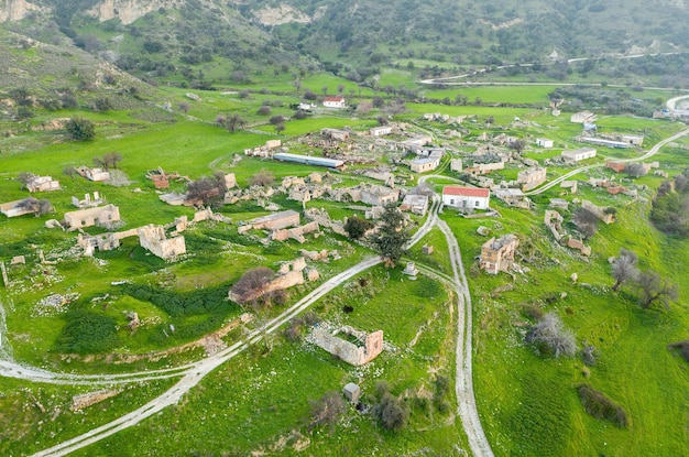 Rural depopulation in Cyprus Abandoned village Souskiou in Paphos district aerial landscape