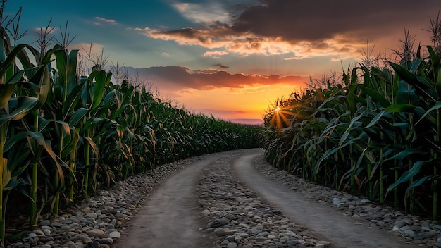 Rural dirt road between two cornfields at sunset Green maize farming harvest season