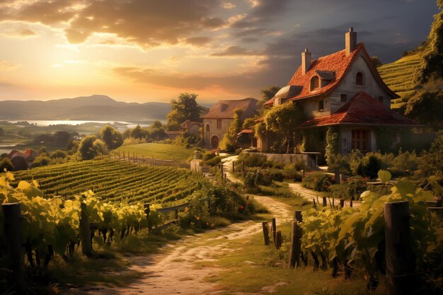 Rural estate surrounded by vineyards against the backdrop of mountains and sunset sky