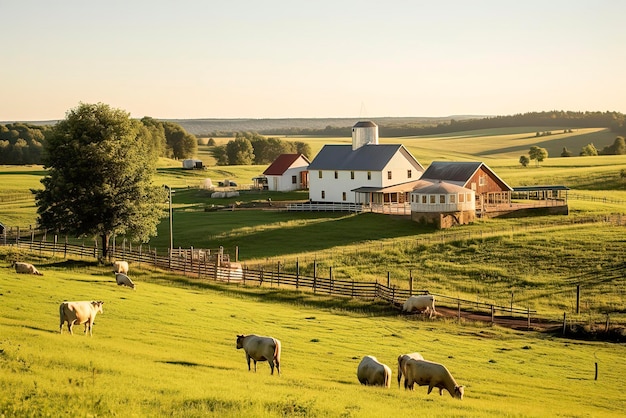 A rural farm with rolling green fields grazing animal Generative AI