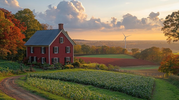 Photo rural farmhouse at sunset