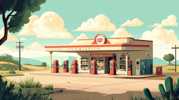 A rural gas station with a vintage aesthetic featuring classic fuel pumps and a quaint store