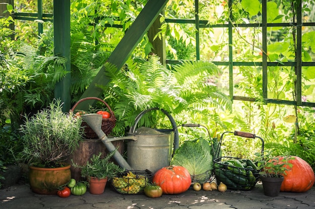 Rural harvest in the garden with vegetables and fruits