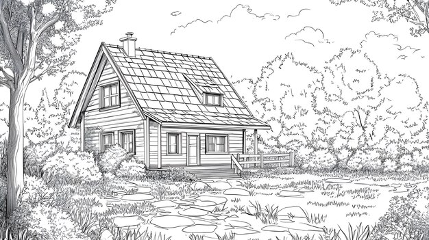 Photo rural house illustration with black outline perfect for coloring books