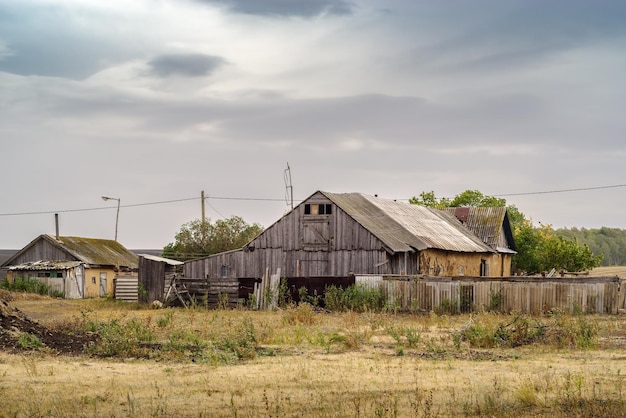 Rural house with outbuildings on the edge of the village. Russia, Orenburg region, farm Arapovka