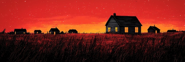 Photo rural houses silhouetted against a red sunset sky