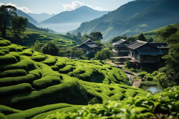 Rural landscape displays green plantations and picturesque farm generative IA