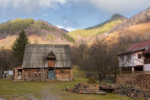 Rural landscape Romania, morning cloudy weather in the mountains