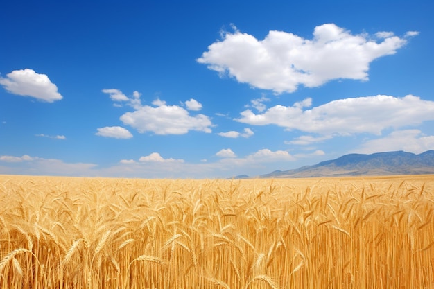 Rural landscape wheat field with a beautiful blue cloudy sky