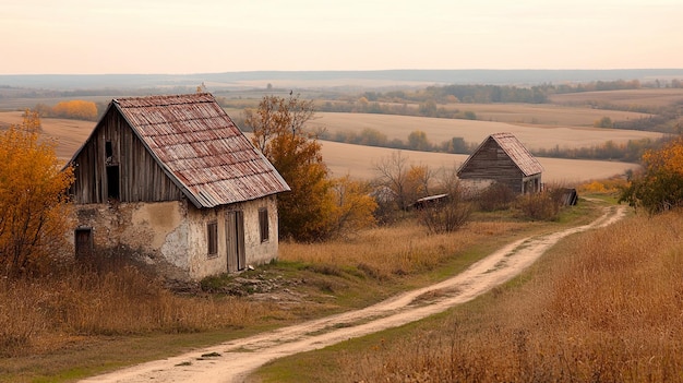 Photo rural landscape with abandoned houses and path