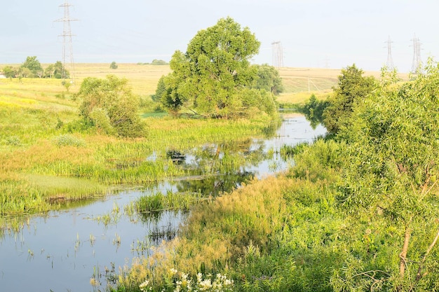 Rural landscape with river at dawn