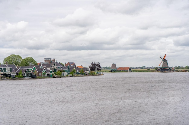 Rural landscape with windmill in Zaanse Schans Holland Netherlands Authentic Zaandam mill Beautiful Netherland landscape