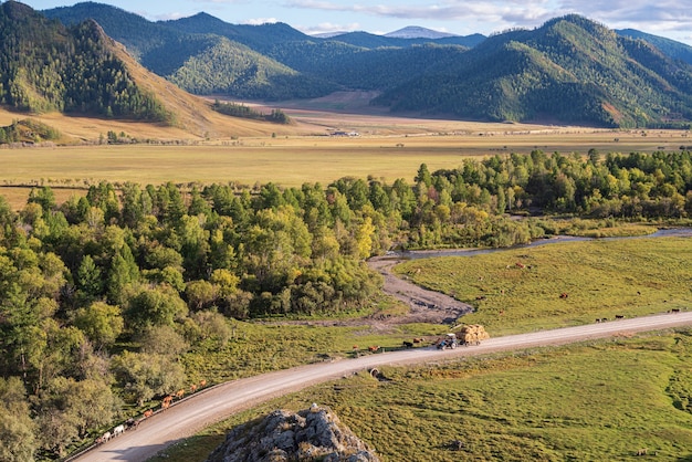 Rural mountain landscape in the fall Russia mountain Altai