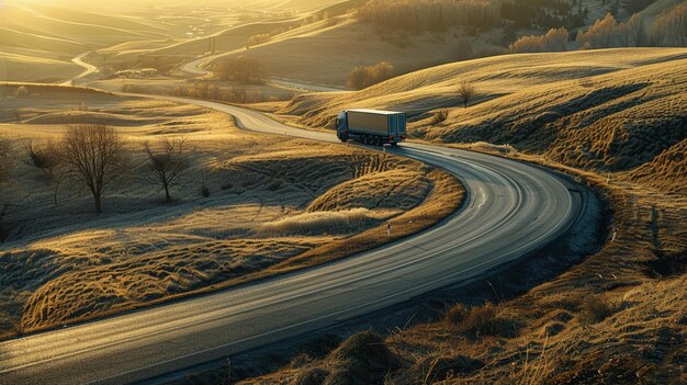 Photo rural road adventure semi truck driving down winding path