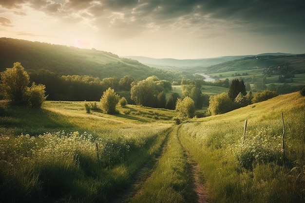 A rural road leads to a beautiful landscape