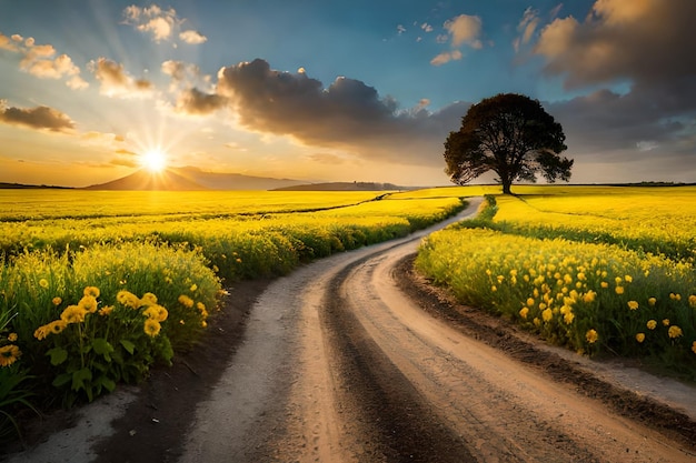 A rural road leads through a field of yellow flowers.