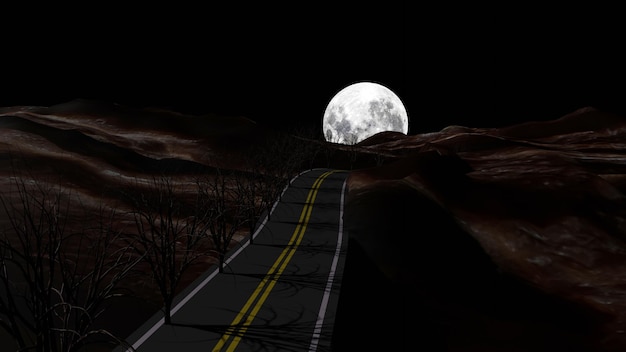 A rural road in a mountain with moon is going down3D Rendering