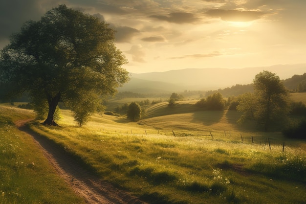 A rural road in the mountains with a sunset in the background