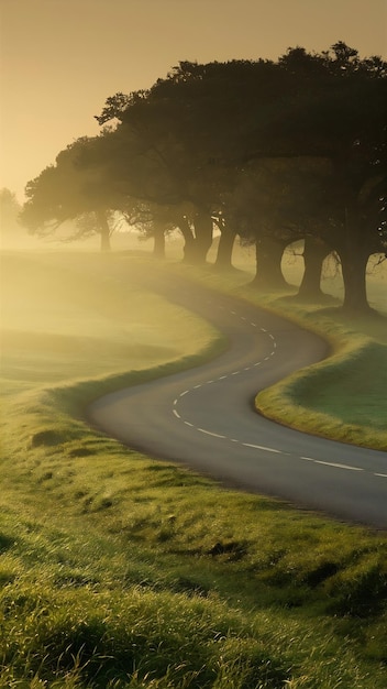 Rural road through green fields at sunrise