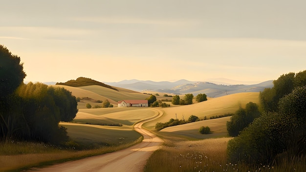 Photo a rural road with a house on the side and a red house in the background