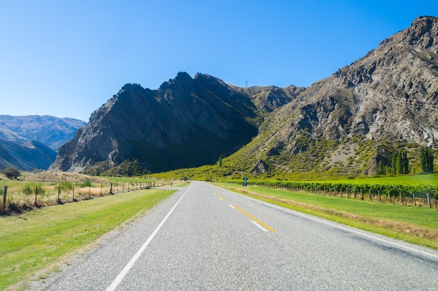 Rural Scene of Asphalt Road with Meadow and Mountain Range