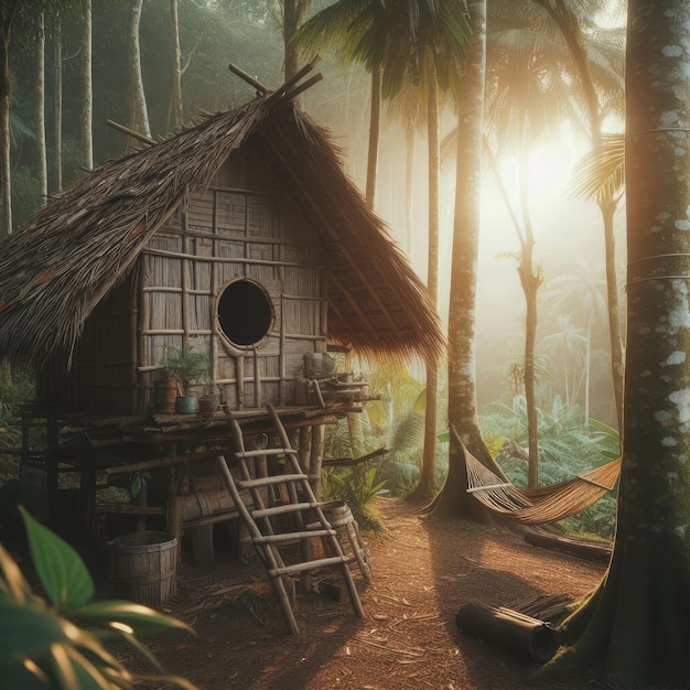 A rural scene of a bamboo hut in a forest with an old roof made of palm leaves and sticks