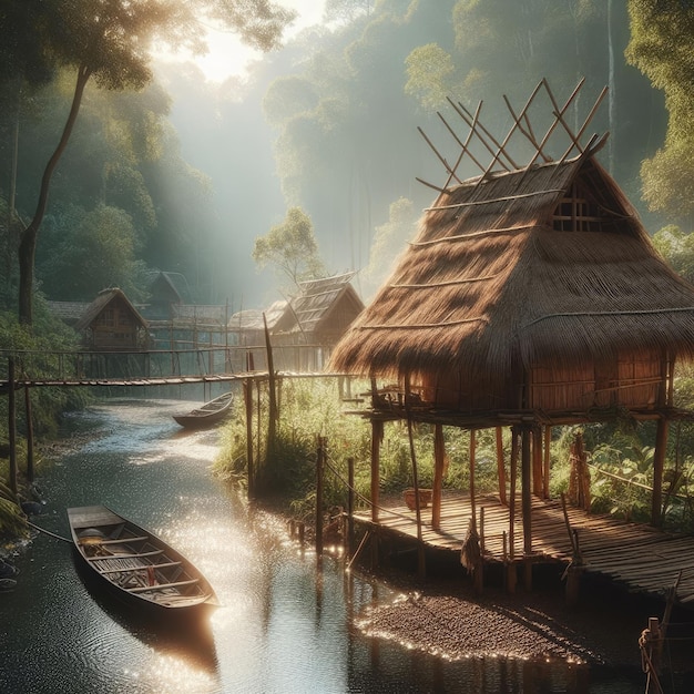 A rural scene of a bamboo hut in a forest with an old roof made of thatch and rope