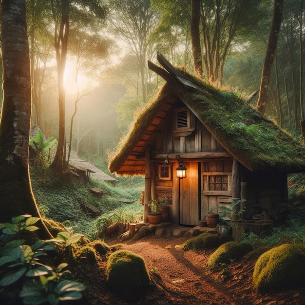 A rural scene of a wooden hut in a forest with an old roof covered with moss and vines