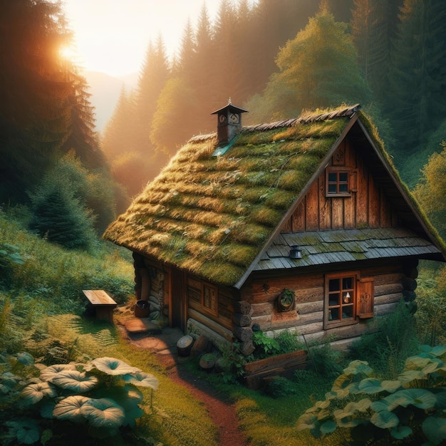 A rural scene of a wooden hut in a forest with an old roof covered with moss and vines