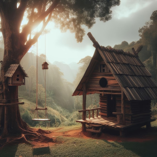 A rural scene of a wooden hut in a forest with an old roof made of shingles and planks