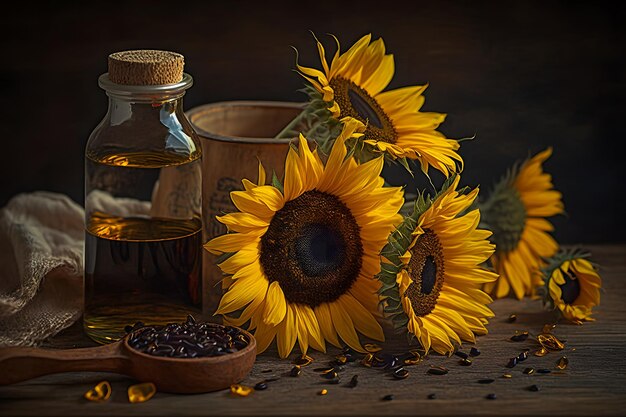 Rural still life sunflower oil in bottle with flowers of sunflower Helianthus annuus in dark light Neural network AI generated